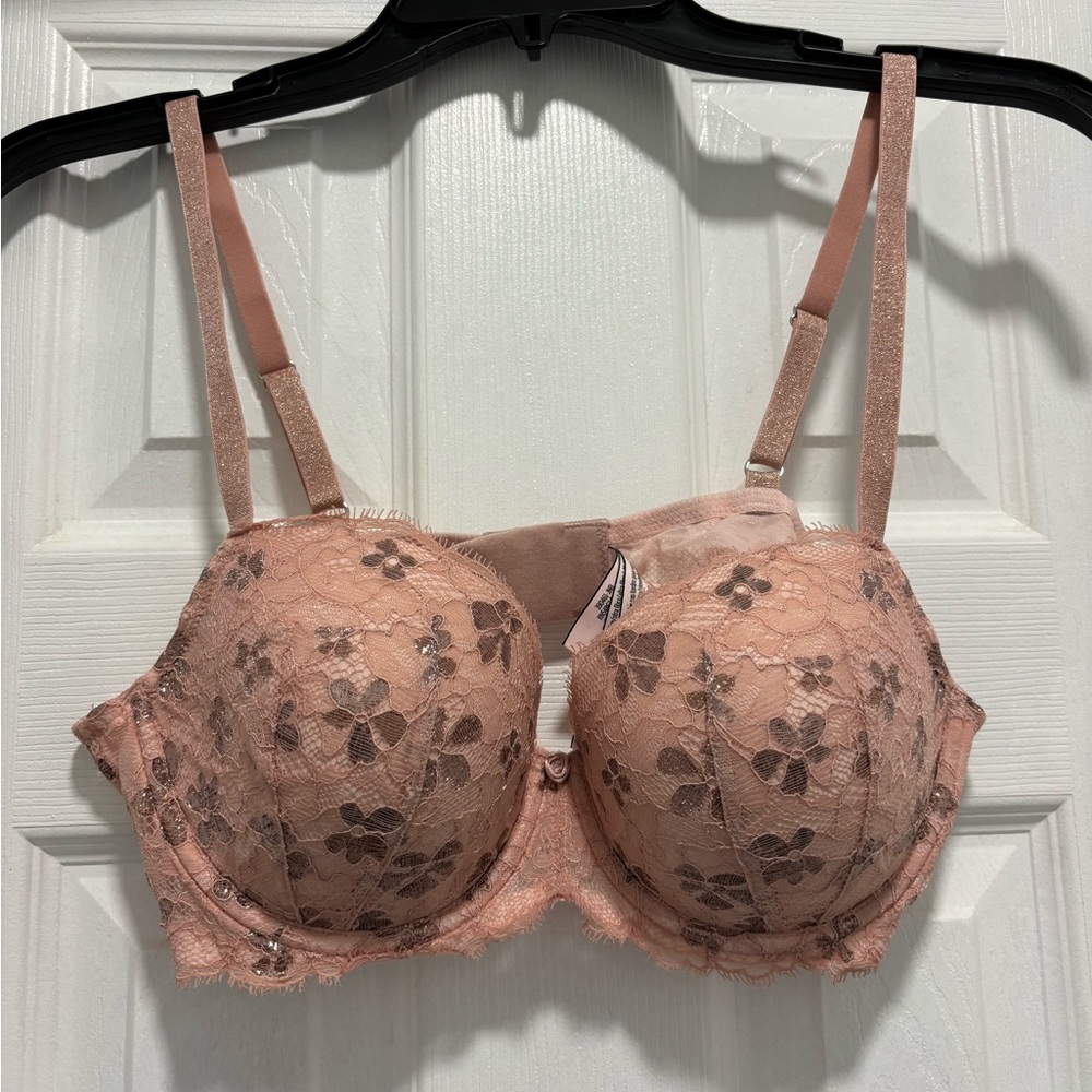 Victoria’s Secret pink and gold foil Dream Angels lined demi bra, size 36C.